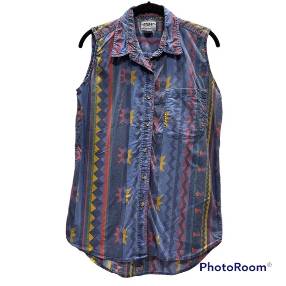 AtLast Basics Womens Blouse Sz M 1992 boue aztec Button Down sleevless‎ 90’s. - Picture 1 of 10